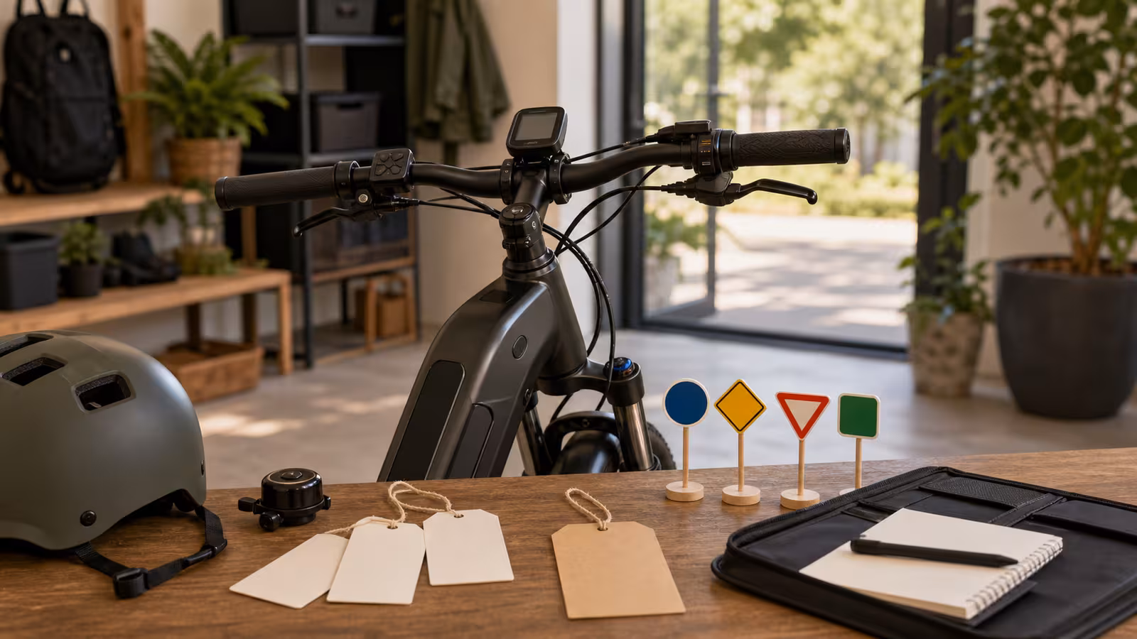 An electric bike cockpit with blank class tag cards, generic route signs, helmet, bell, and a local-rules folder on a tidy table near the bike.