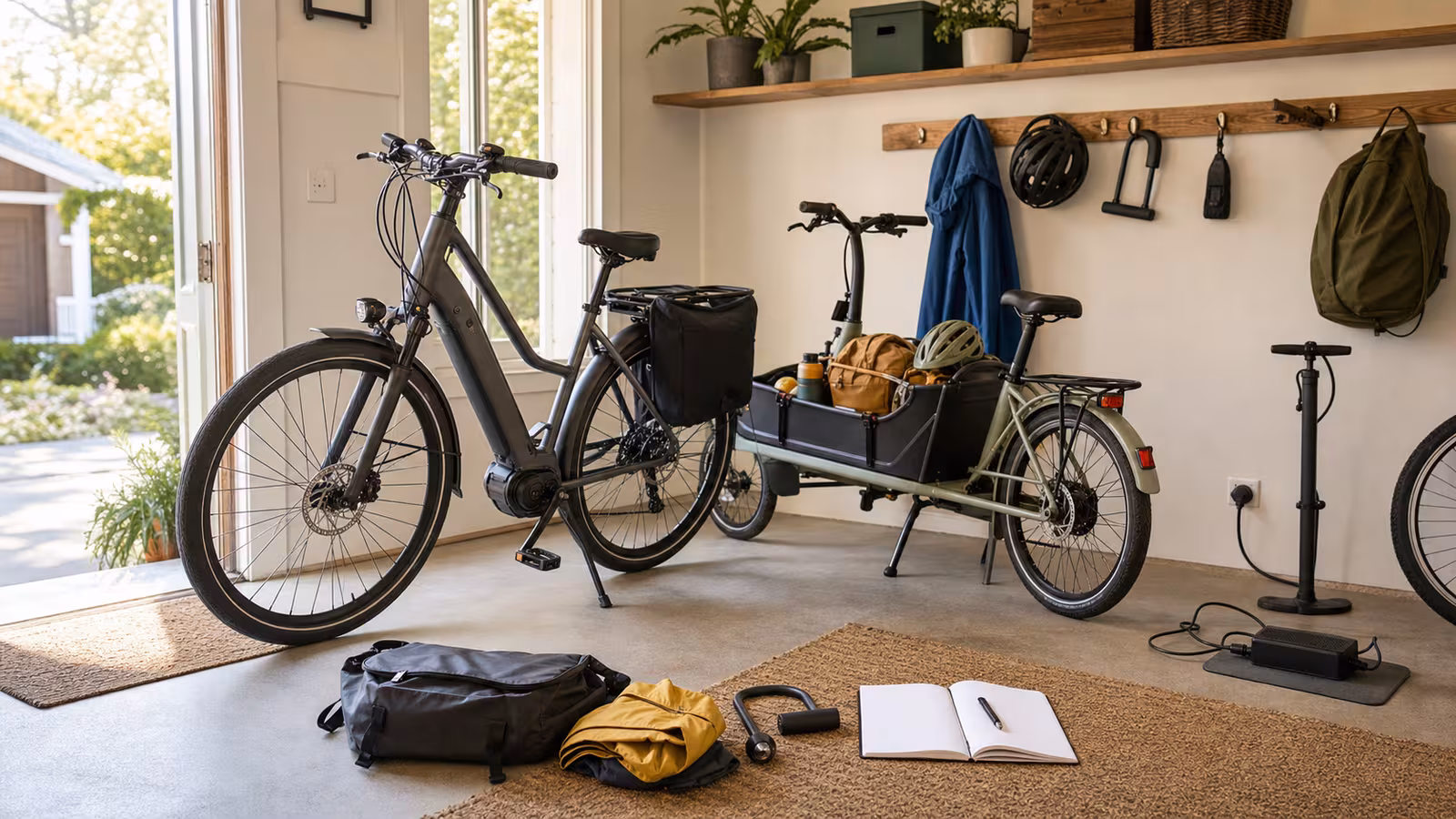 Two practical electric bikes in a home workshop entry with helmets, panniers, a lock, rain gear, pump, charger, and a blank route notebook.