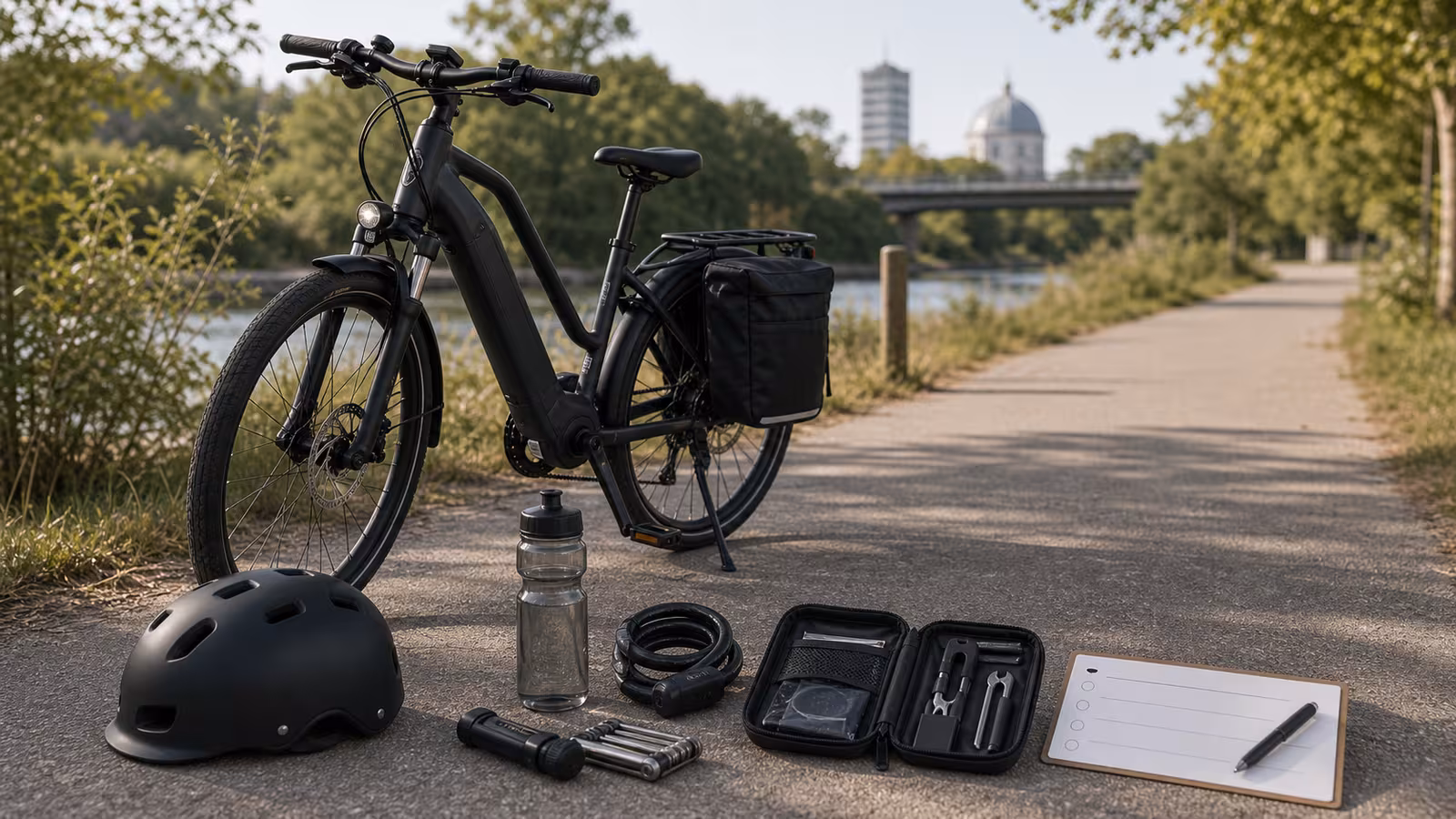 An e-bike stopped safely off a quiet path with helmet, phone blank screen, compact lock, repair kit, water bottle, blank call plan card, and generic landmark shapes.