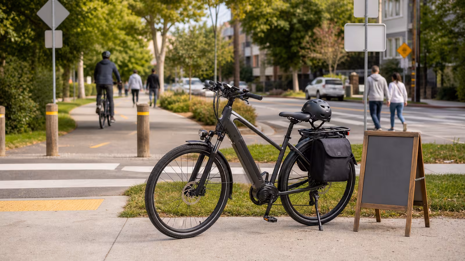 An electric bike parked near a quiet neighborhood crossing with path signs, pedestrians in the distance, a helmet, bell, and a blank local-rules note.