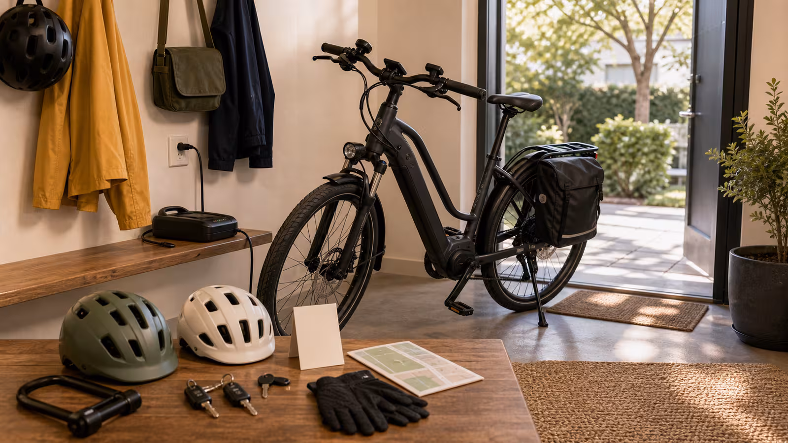 A shared commuter e-bike in a home entry with two helmets, lock keys, charger on a clear shelf, rain jacket, blank household rules card, route note, and pannier.