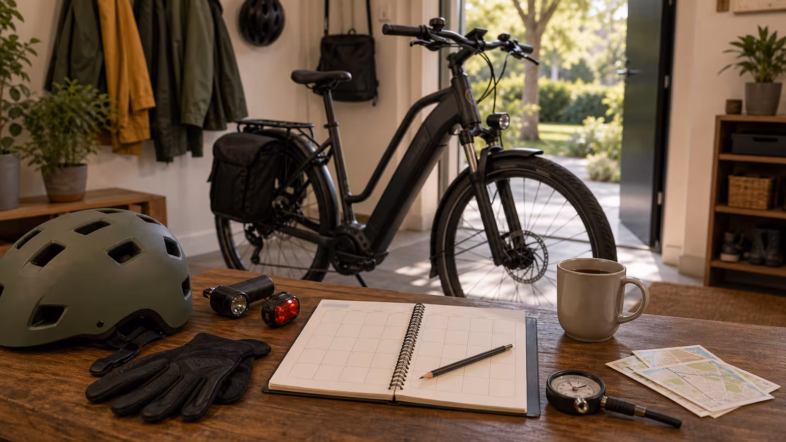 A commuter e-bike by an entry with blank calendar notebook, pencil, tire gauge, small route cards, helmet, lights, and a plain coffee mug.