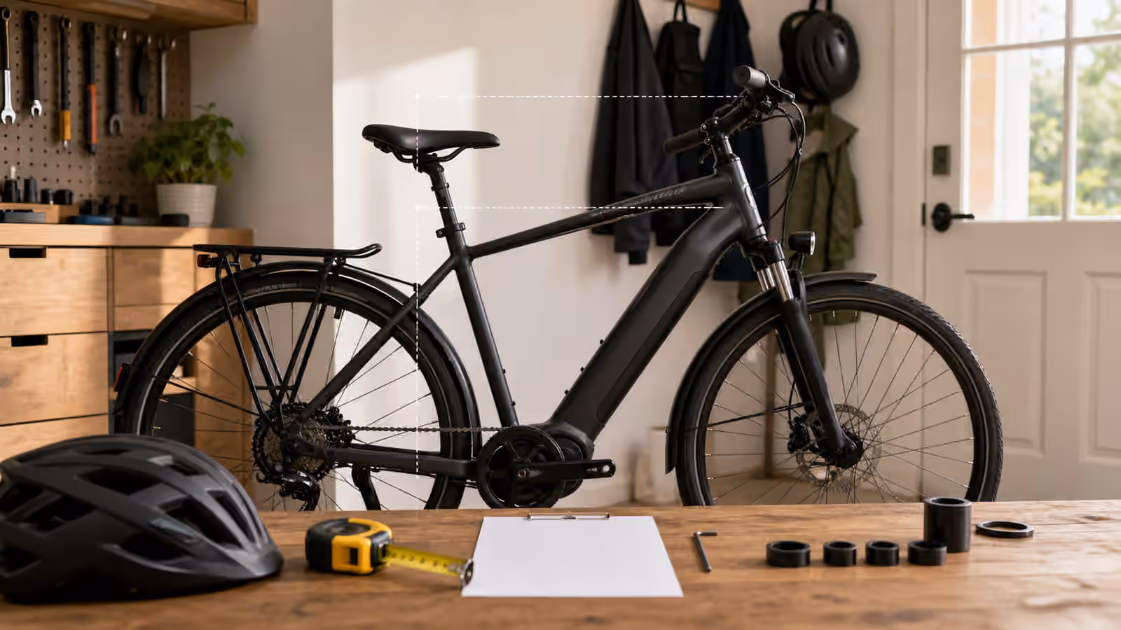 An electric bike in a home workshop with a tape measure, adjustable saddle, handlebar tools, helmet, and a blank fit note.