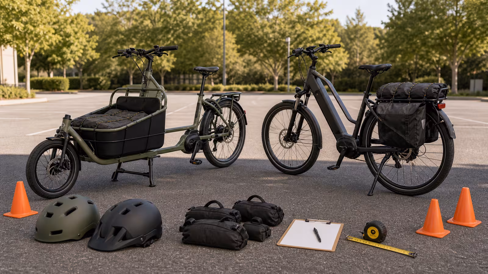 A front-loader cargo e-bike and rear-rack e-bike side by side with practice weights, small cones, helmets, tape measure, and a blank handling note in an empty lot.