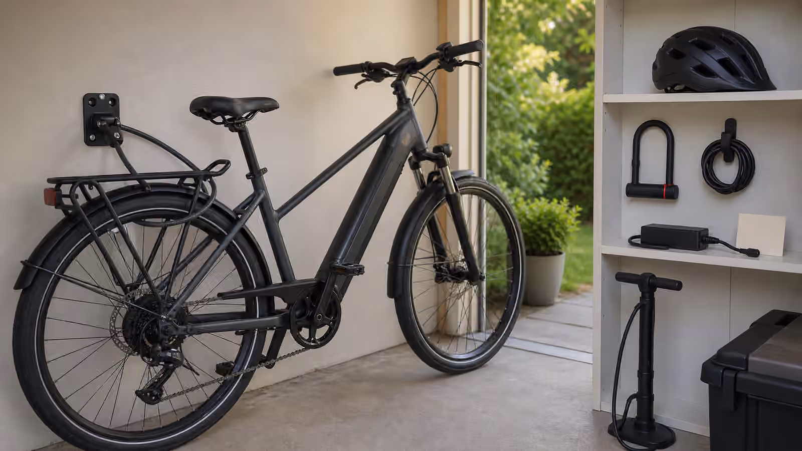 An electric bike in a tidy garage beside a wall anchor, lock, charger on a clear shelf, helmet, pump, and blank maintenance card.