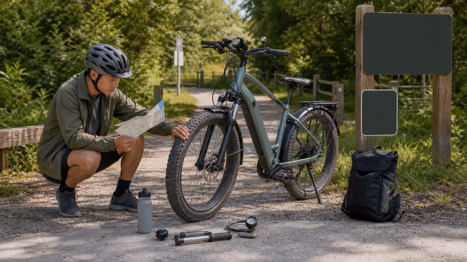 An electric bike at a gravel park path with a helmet, tire gauge, small pump, water bottle, backpack, and blank trail sign.
