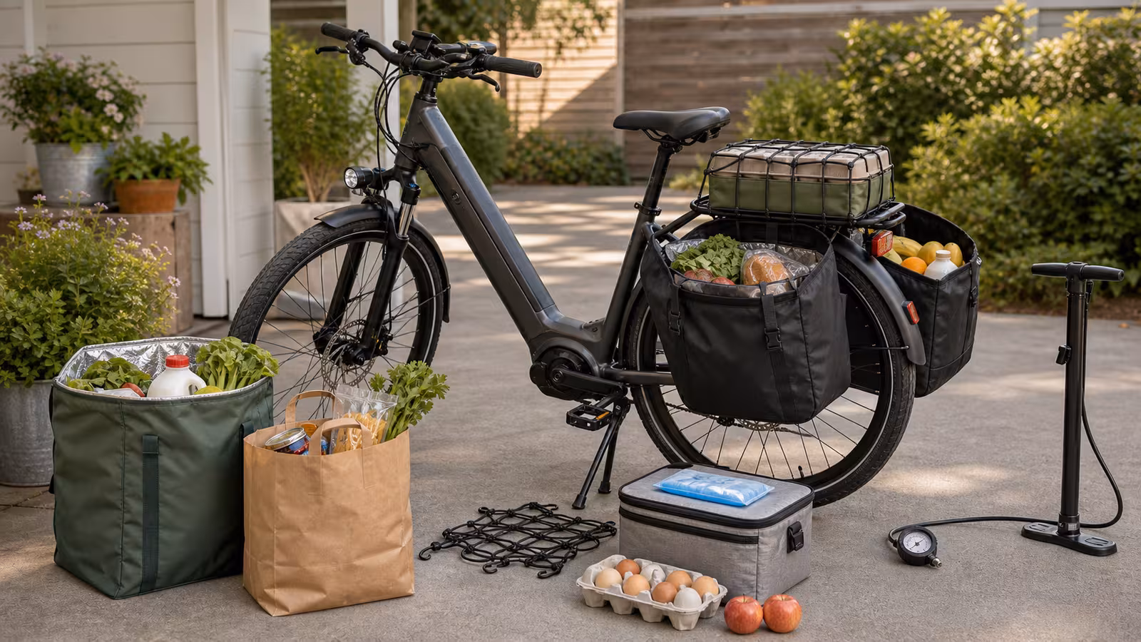 An electric cargo bike with panniers, grocery bags, produce, eggs, chain lock, helmet, and a blank packing note staged beside a driveway.