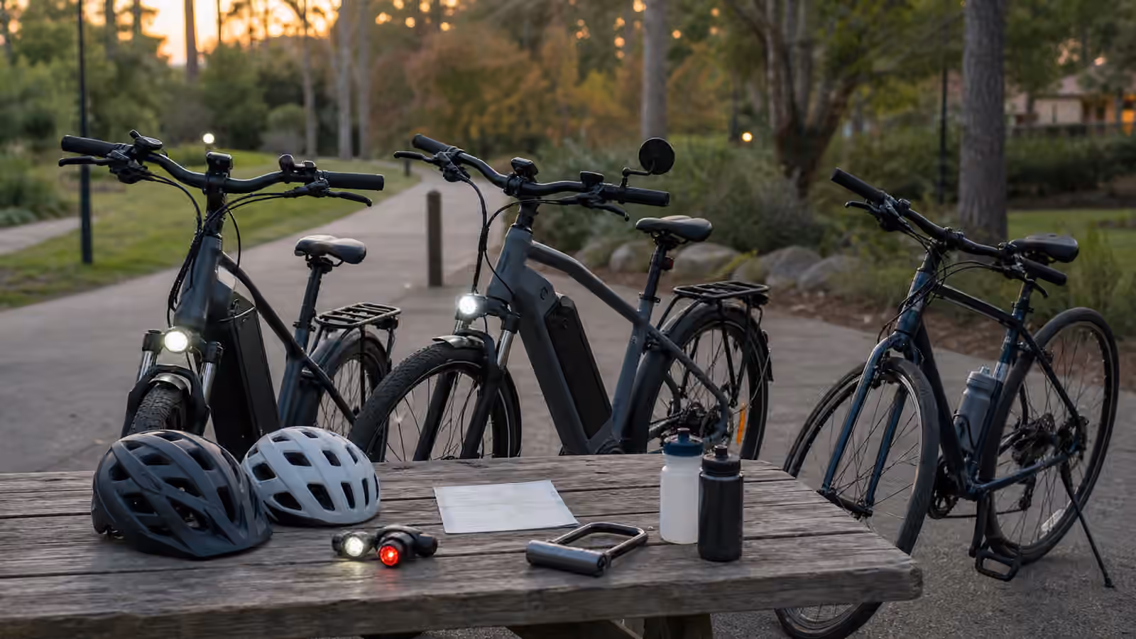 Two electric bikes and one regular bicycle parked by a quiet path with helmets, lights, mirror, water bottles, lock, and blank route card.