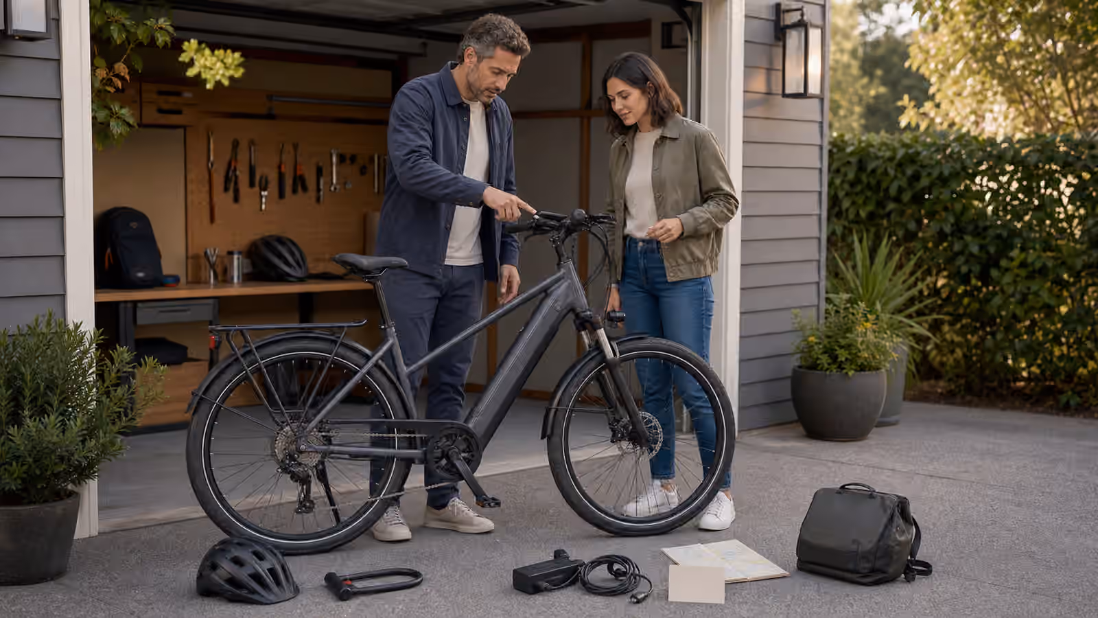 Two adults reviewing an electric commuter bike in a driveway with a helmet, lock, charger, route map, and blank note card.