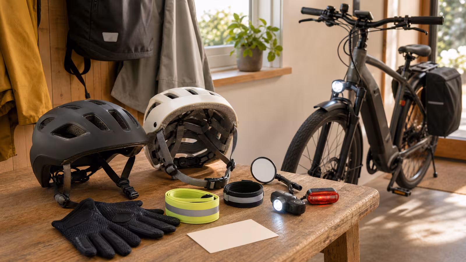 A practical e-bike entry bench with two helmets, lights, reflective bands, gloves, a blank fit note, and an electric bike near the door.