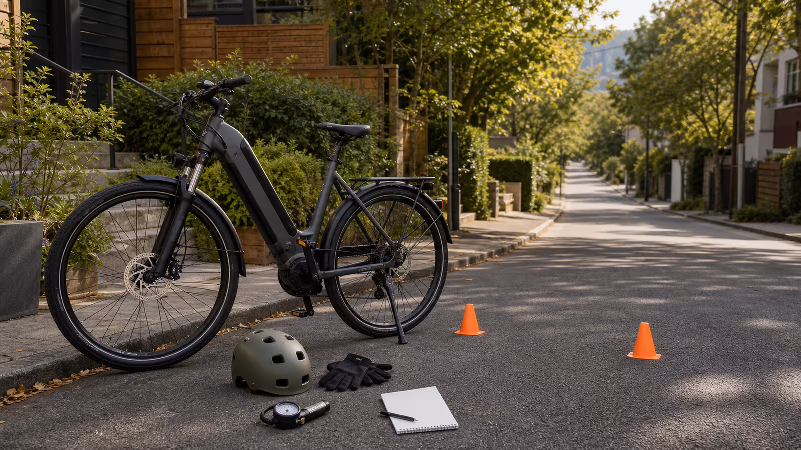 An electric bike at the base of a gentle residential hill with helmet, gloves, tire gauge, two practice cones, visible brakes, and a blank practice note.