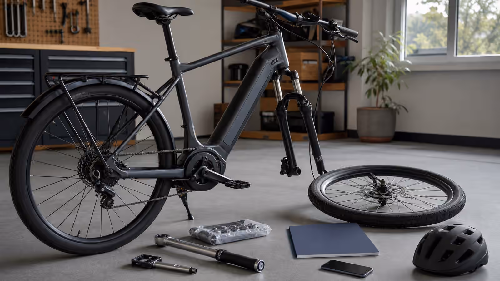 A partly assembled electric bike in a tidy home workshop with front wheel, torque wrench, pedal wrench, parts tray, helmet, blank manual folder, and blank phone screen.