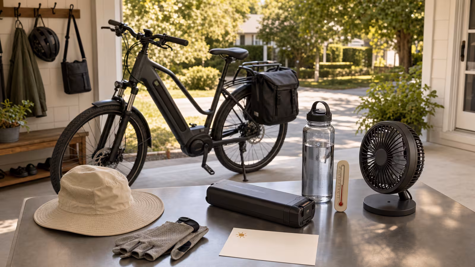 A summer e-bike setup on a shaded porch with removable battery on a clear hard table, water bottle, sun hat, light gloves, small fan, and a blank heat-plan card.