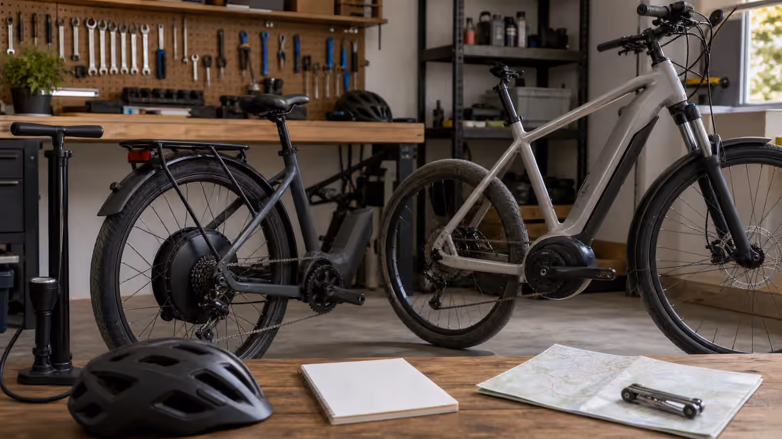 Two unbranded electric bikes in a workshop showing a rear hub motor wheel and a mid-drive motor area with a helmet and blank notebook.