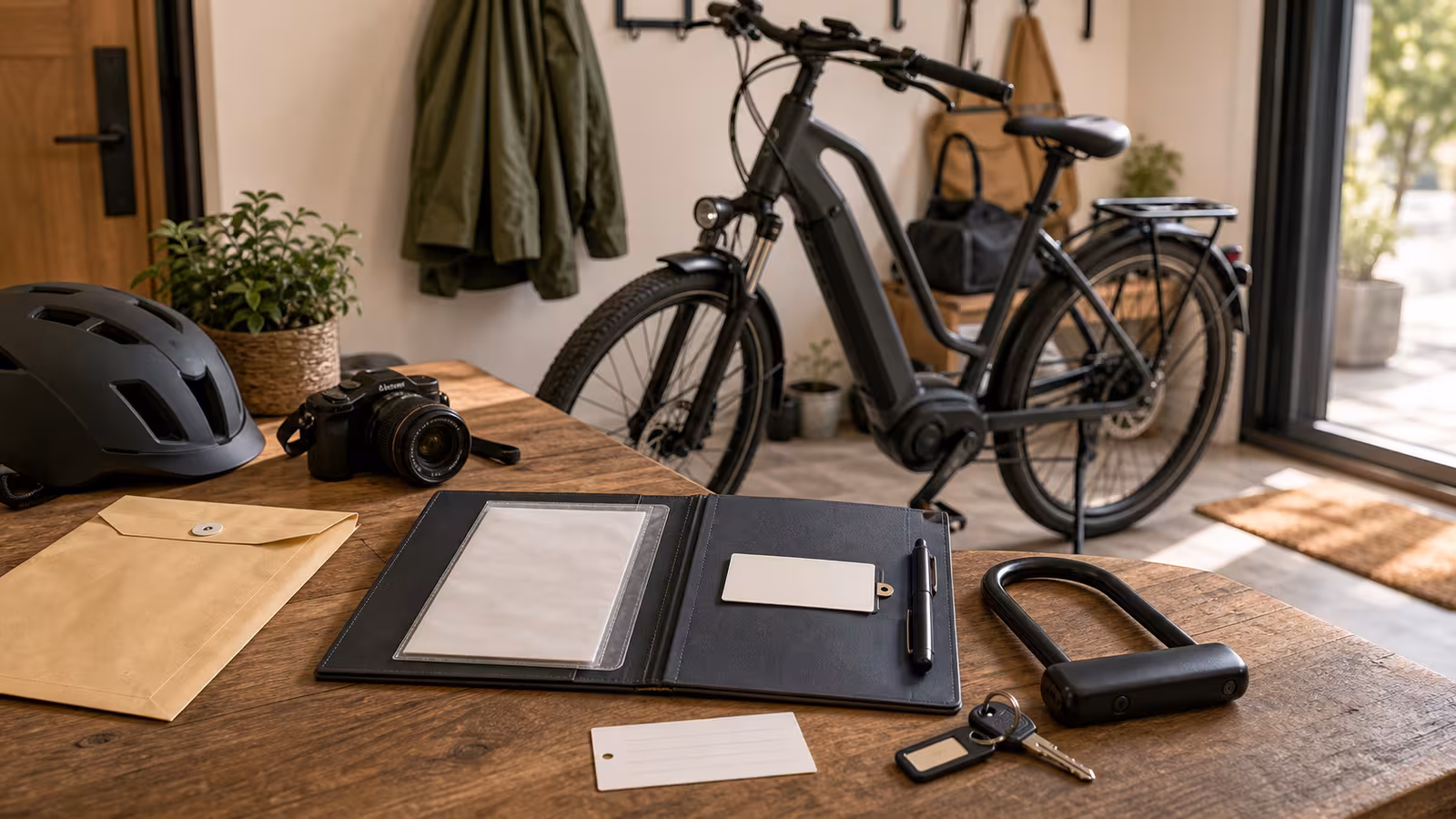 An electric bike in a home entry with blank serial card, camera, receipt folder, U-lock, key tag, helmet, and unbranded registration envelope.