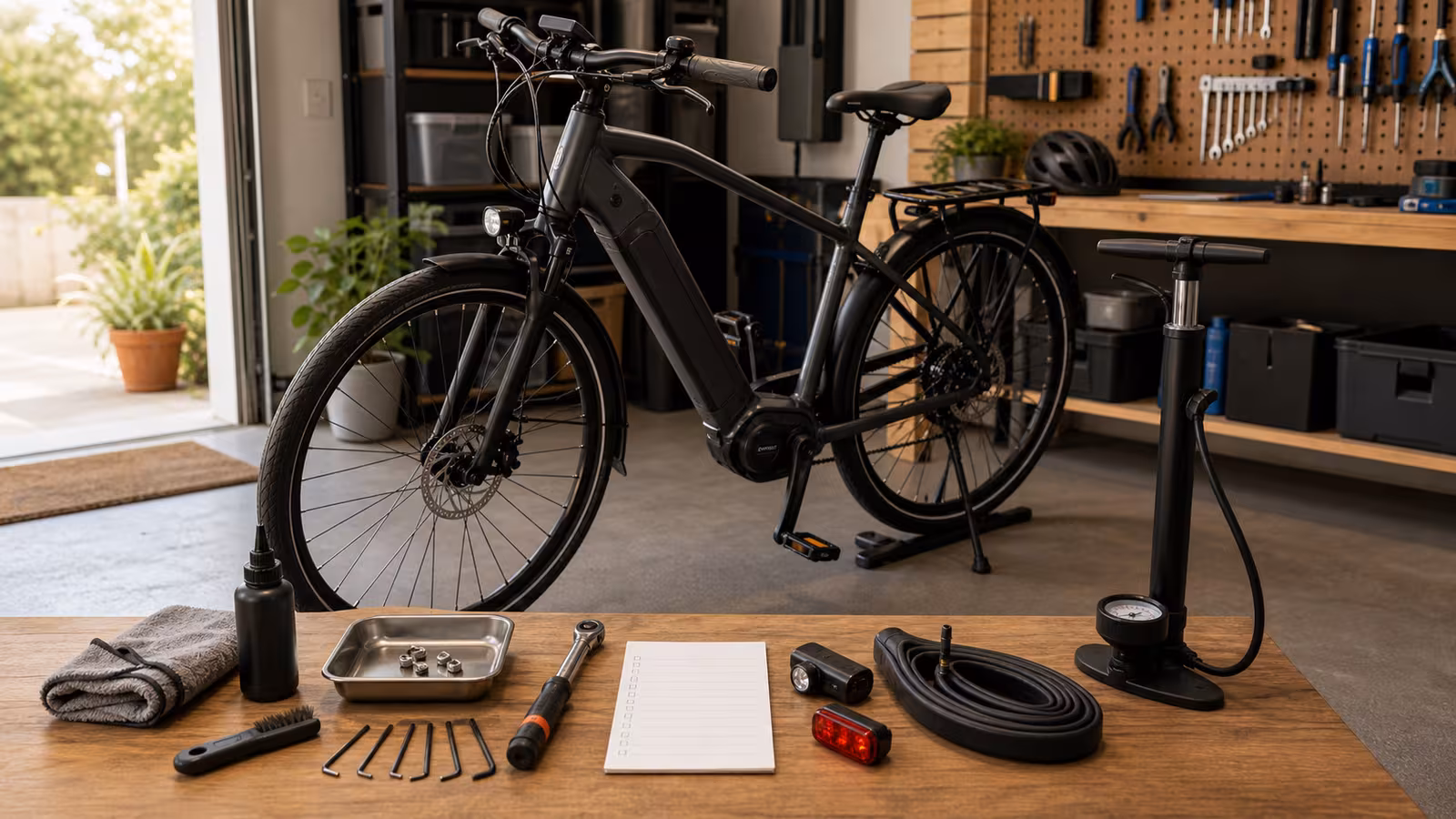 An electric bike in a tidy workshop with pump, tire gauge, hex keys, chain lube, rag, spare tube, lights, and a blank maintenance note.