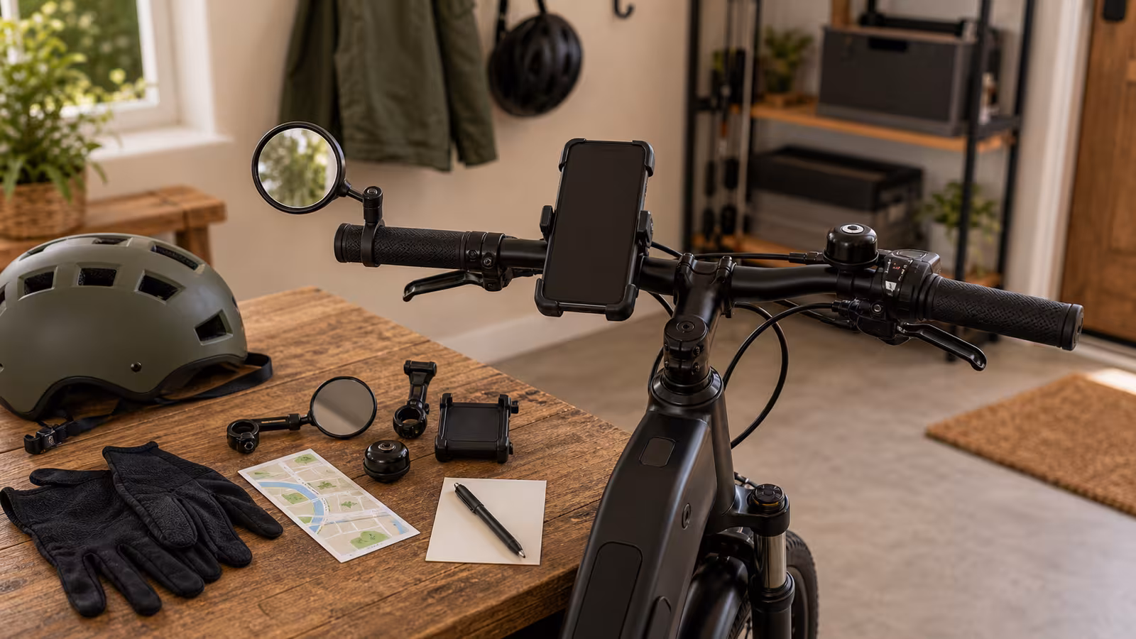 An electric bike cockpit with mirror, bell, phone with blank screen in a mount, gloves, route card, and helmet on a tidy workshop bench.