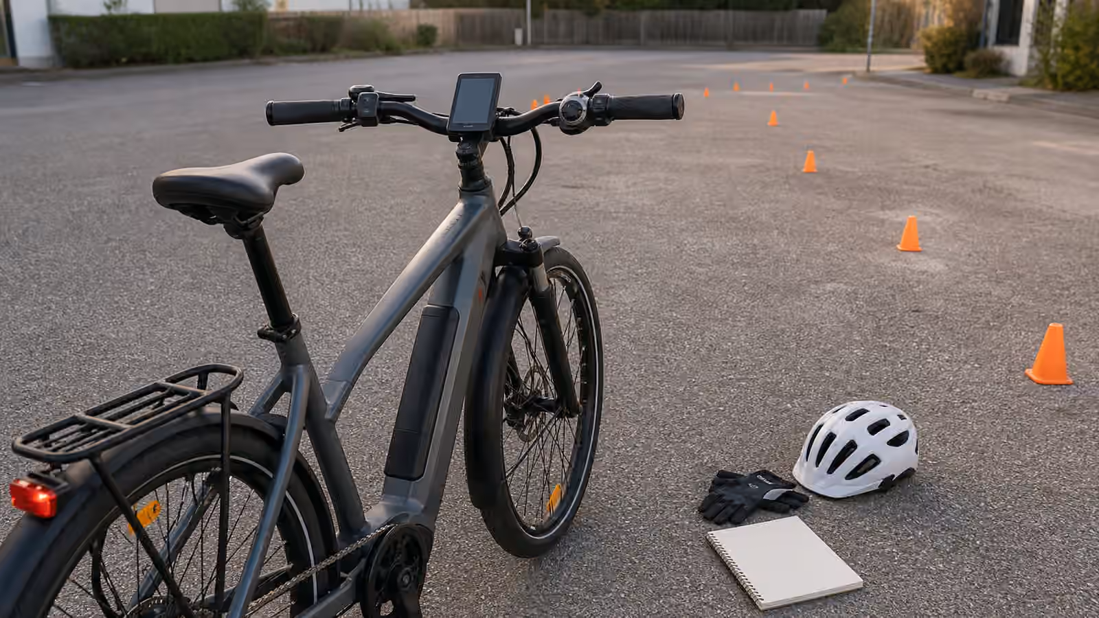 An electric commuter bike in a quiet practice area with small cones, gloves, helmet, blank display, and a blank practice notebook.