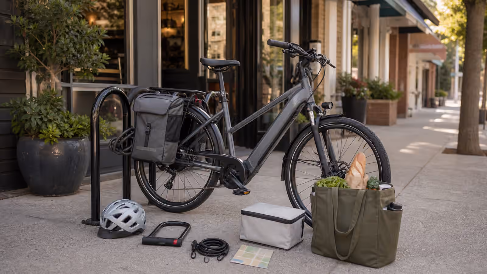 An electric commuter bike outside neighborhood shops with panniers, groceries, a lock, bungee cord, insulated pouch, helmet, and blank route card.
