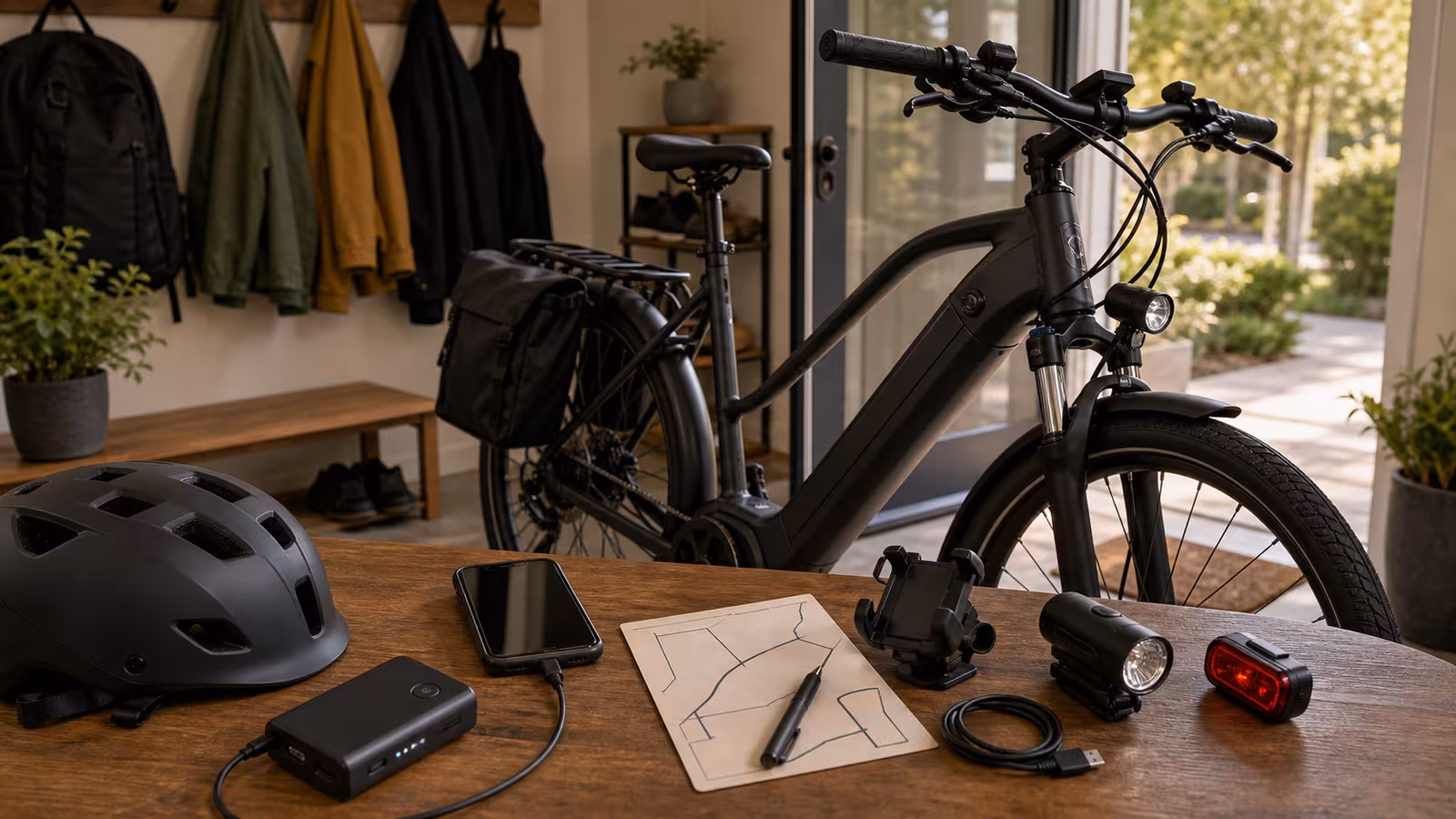 An electric bike by an entry table with phone blank screen, compact power bank, charging cable, paper route card, handlebar mount, lights, and helmet.