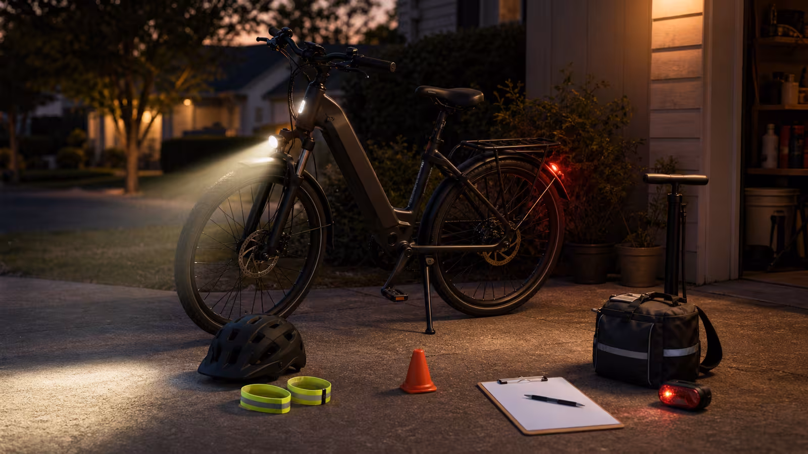 An electric bike in a driveway at dusk with a front light aimed toward pavement, rear light, reflective bands, helmet, small cone, and blank light-check note.