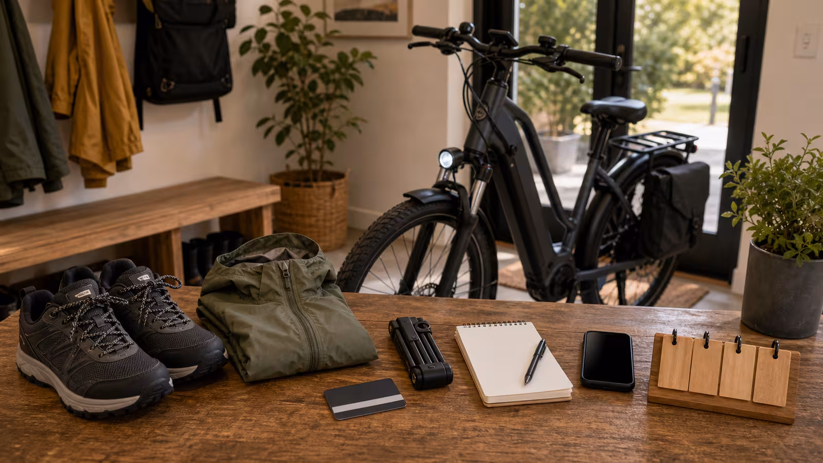 An e-bike by an entry with transit card, walking shoes, rain shell, compact lock, blank backup route note, phone with blank screen, and small calendar blocks.