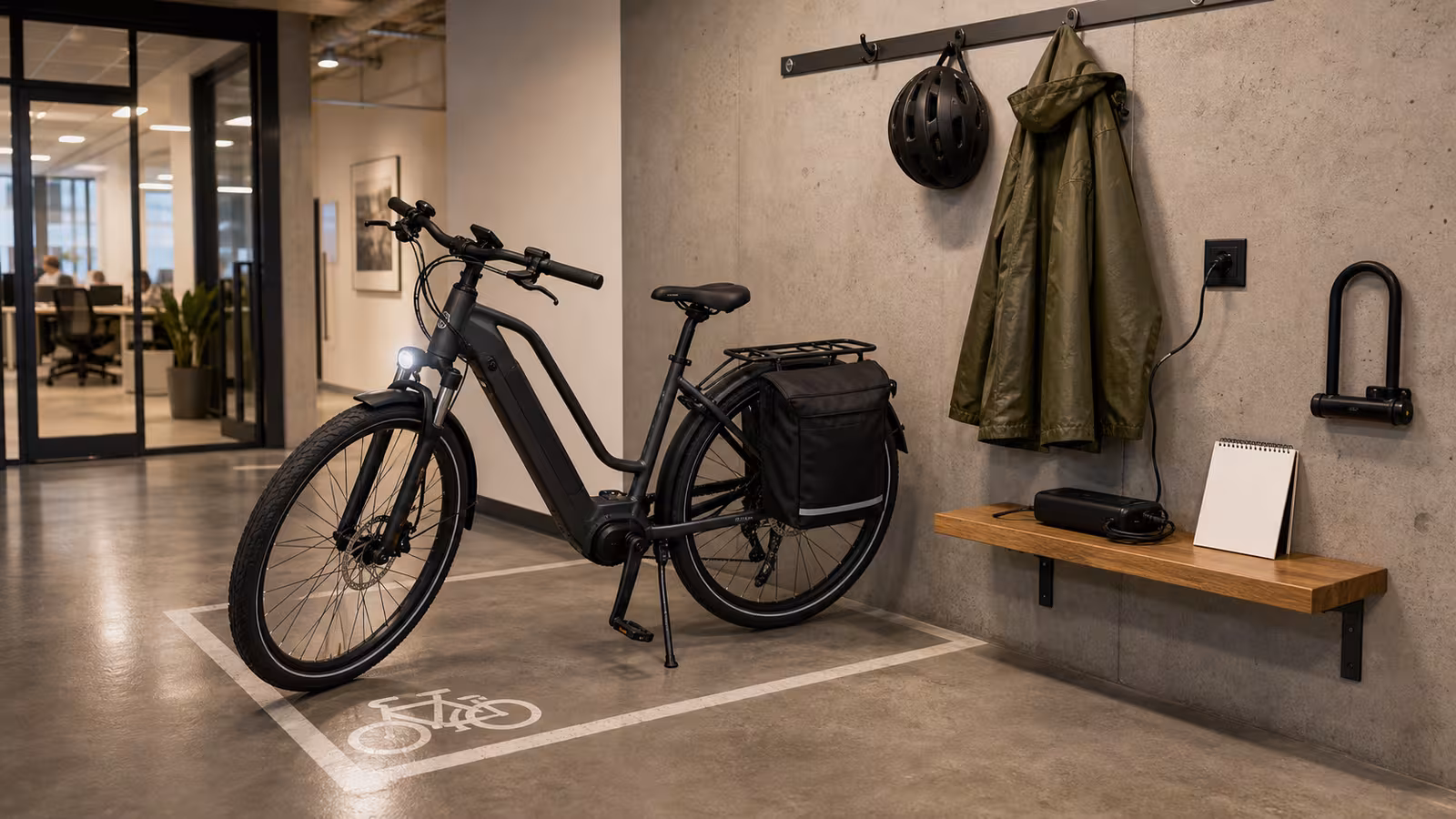 An electric commuter bike in a secure indoor workplace parking corner with helmet, laptop pannier, charger on a clear hard shelf, U-lock, rain jacket, and blank workplace note.