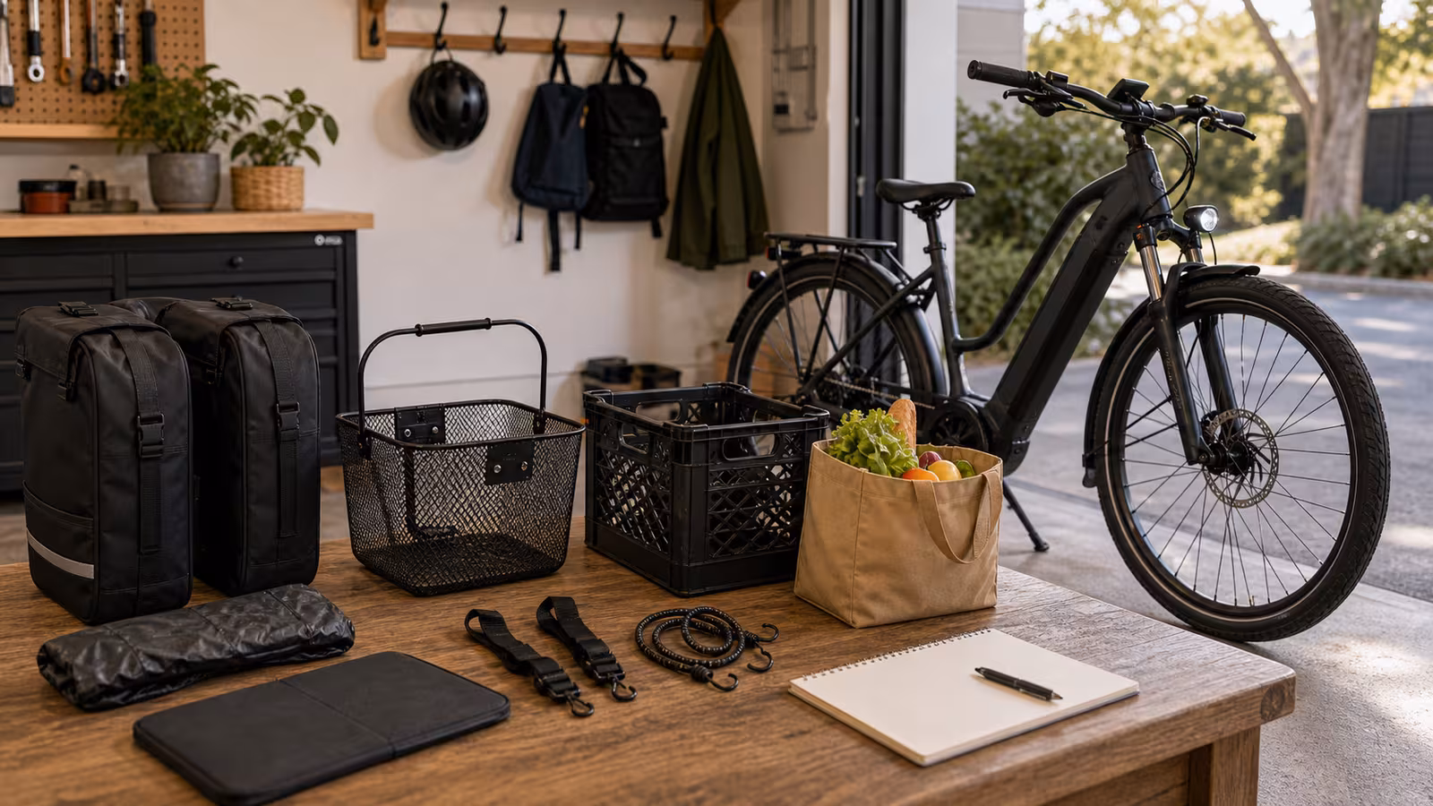 An electric bike beside a workbench with paired panniers, front basket, rear crate, straps, rain cover, grocery bag, laptop sleeve, and a blank comparison note.