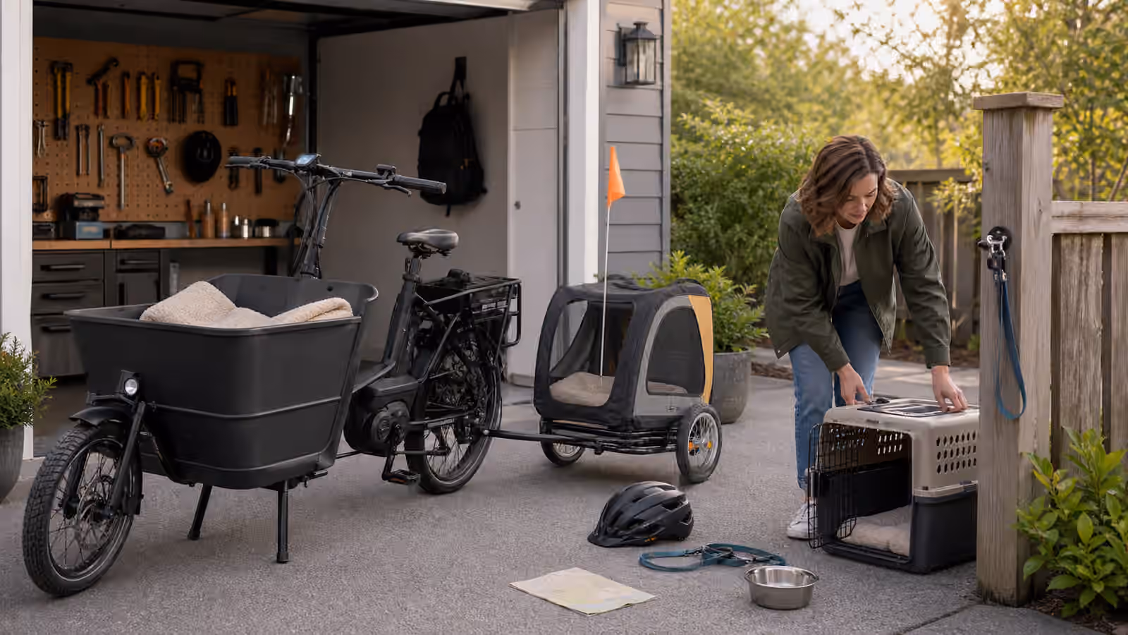 An electric cargo bike with a pet trailer, ventilated carrier, helmet, water bowl, leash, blanket, and blank route card in a driveway.