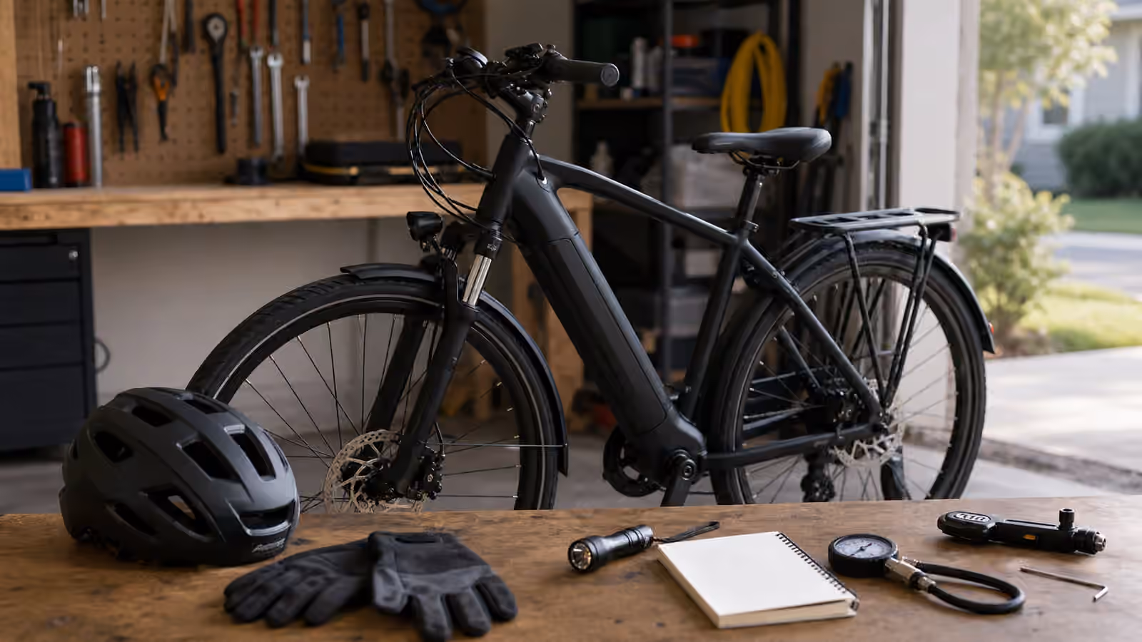 An electric bike upright in a garage with helmet, gloves, flashlight, tire gauge, brake rotor, handlebar, and a blank inspection notebook.