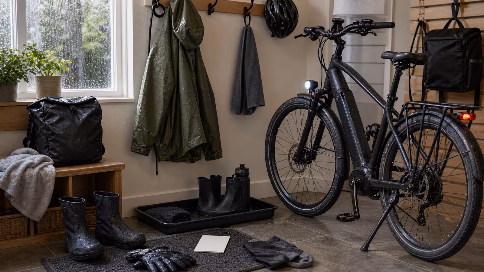 An electric bike by an entry wall with fenders, rain jacket, waterproof bag, boots, gloves, towel, and a blank dry-arrival note.