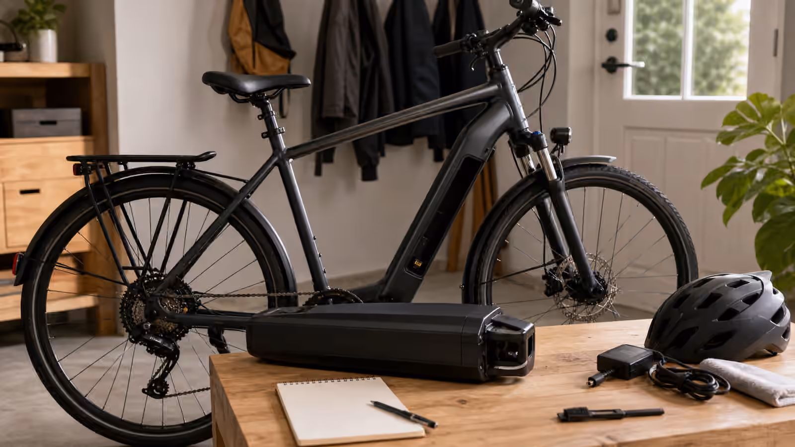 A removable e-bike battery on a clear bench beside an electric bike, charger, helmet, clean connector area, and blank habit note.