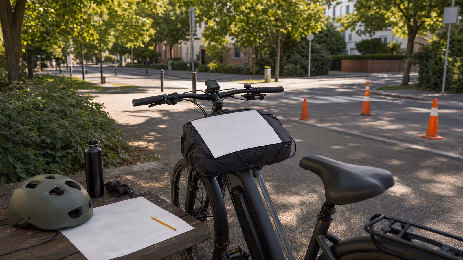An electric bike beside a quiet neighborhood street with a blank paper map, pencil, water bottle, helmet, small cones, and trees.