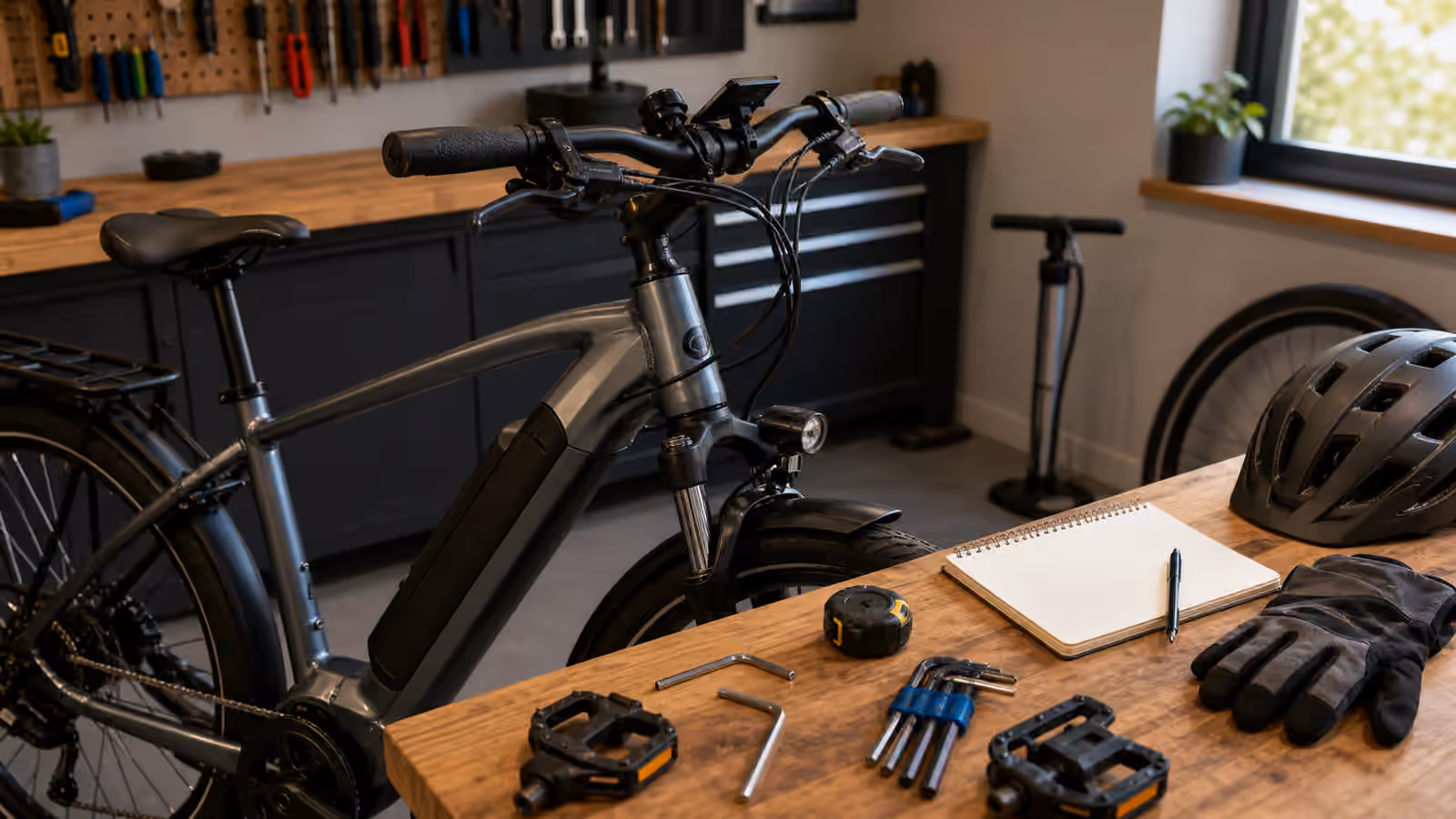 An electric commuter bike in a tidy workshop with visible saddle, grips, brake levers, pedals, hex keys, tape measure, helmet, gloves, and a blank fit note.