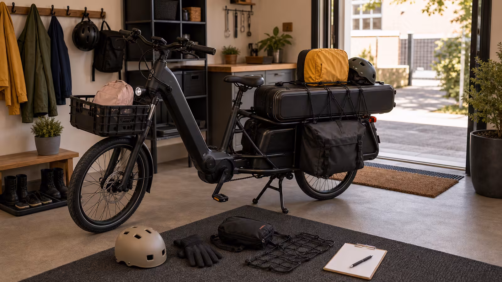 A longtail e-bike in a home entry with backpack, rectangular instrument case, bungee net, panniers, child helmet, rain cover, and blank packing note.