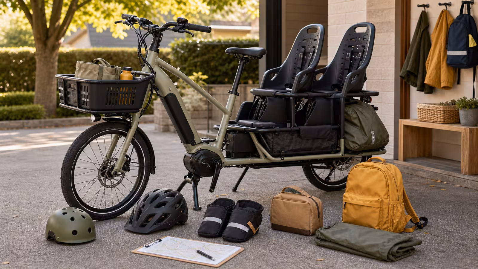 A longtail electric cargo bike with two child seats, helmets, backpacks, rain cover, and a blank route notebook staged in a quiet driveway.