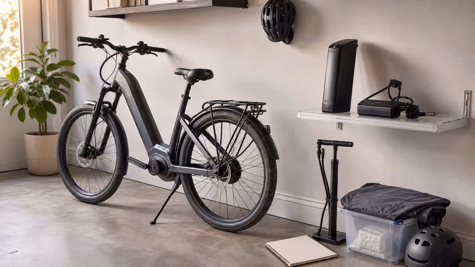 An electric bike stored neatly indoors with battery on a clear shelf, charger, pump, folded cover, helmet, storage bin, and blank restart notebook.