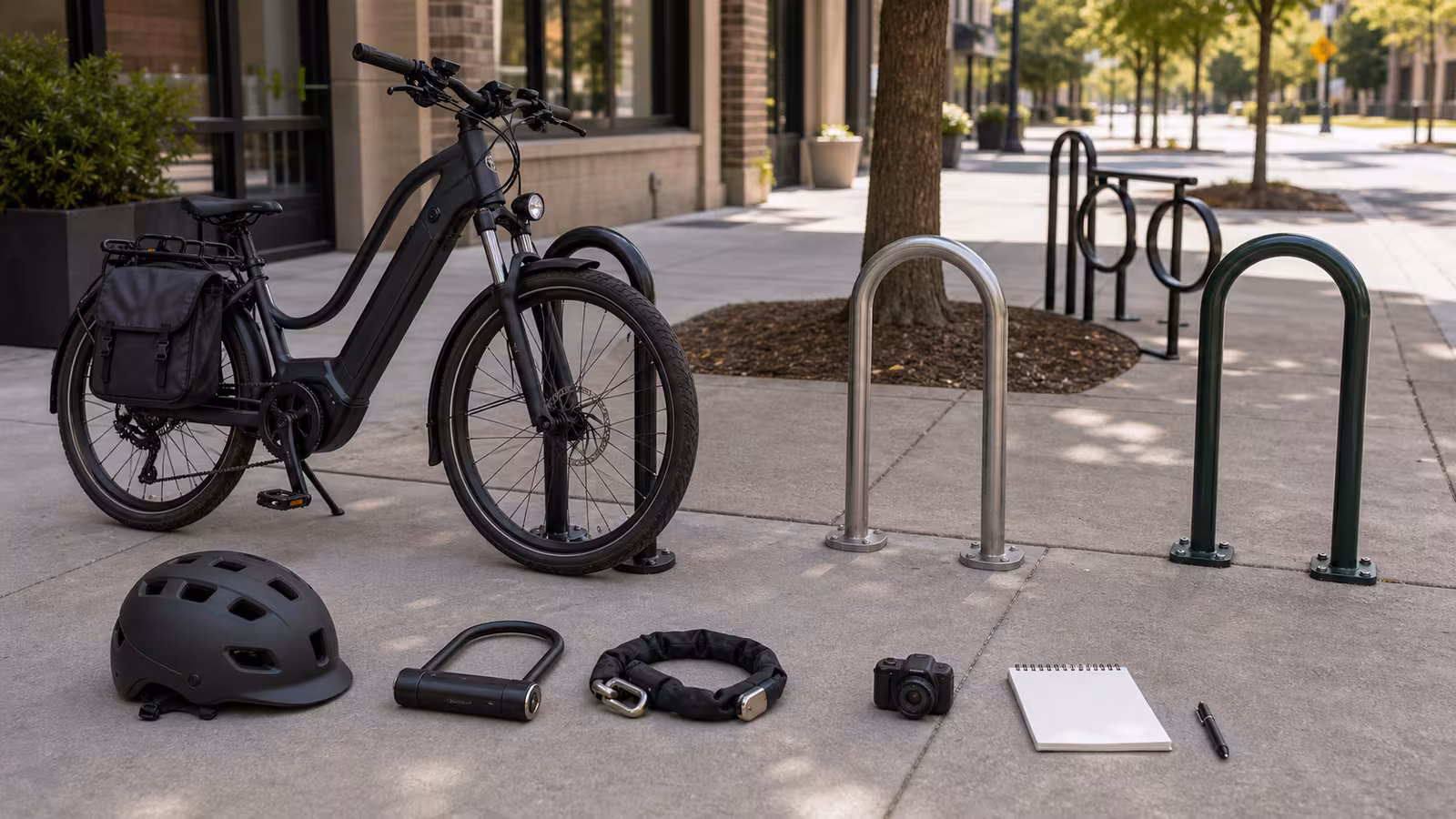An electric bike near several generic rack types with U-lock, chain lock, small camera, blank parking note, helmet, and a calm urban sidewalk.