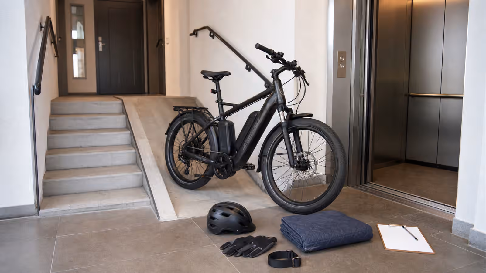 A heavy electric bike near an apartment entry with stairs, a short ramp, elevator doors, gloves, wheel strap, folded blanket, helmet, and blank route note.