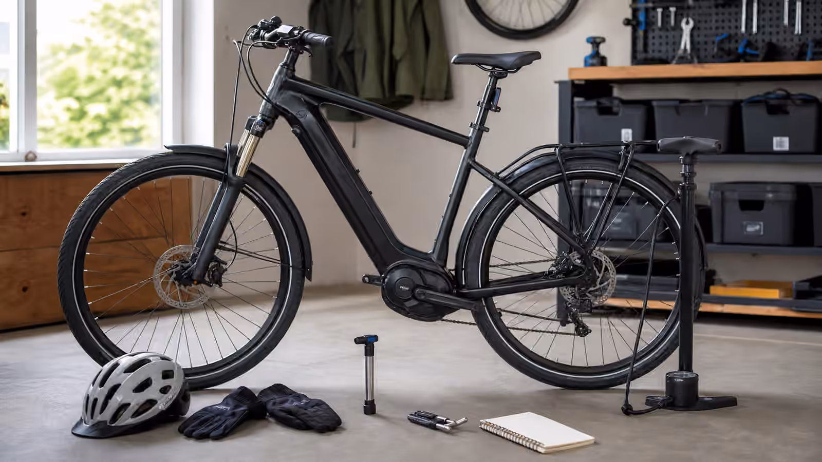 An electric bike in a tidy garage with suspension fork, seatpost, commuter tires, shock pump, floor pump, saddle tool, gloves, helmet, and blank ride notebook.