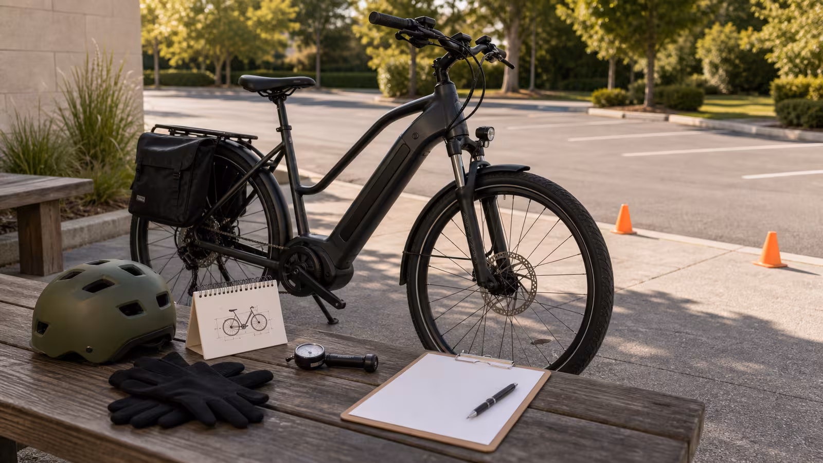 An electric commuter bike beside a quiet empty parking lot with helmet, gloves, saddle-height note card, tire gauge, small cones, and a blank feedback sheet.