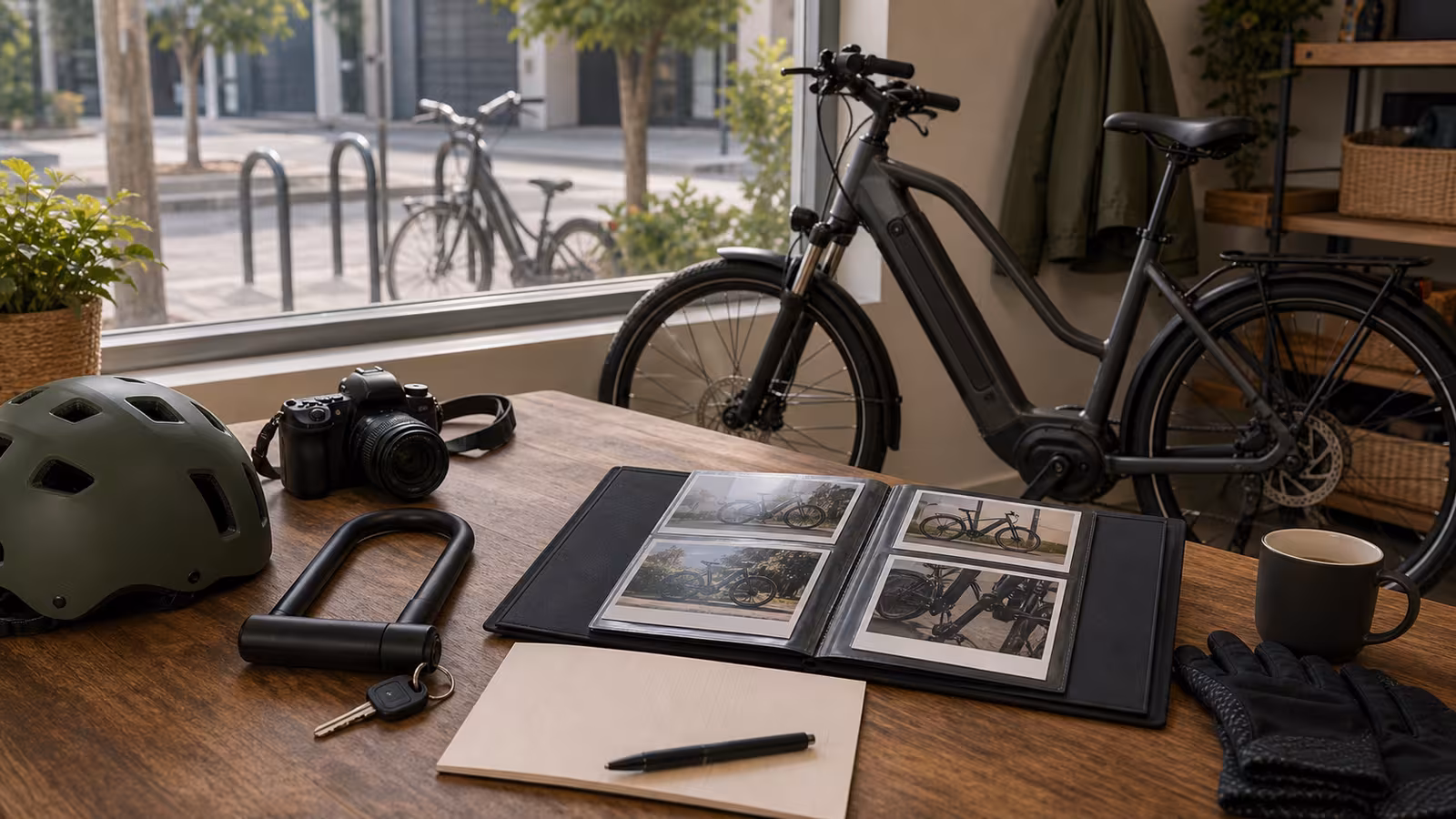 An organized e-bike theft recovery table with photo folder, U-lock, blank incident note, camera, key tag, helmet, and a generic city rack visible through a window.