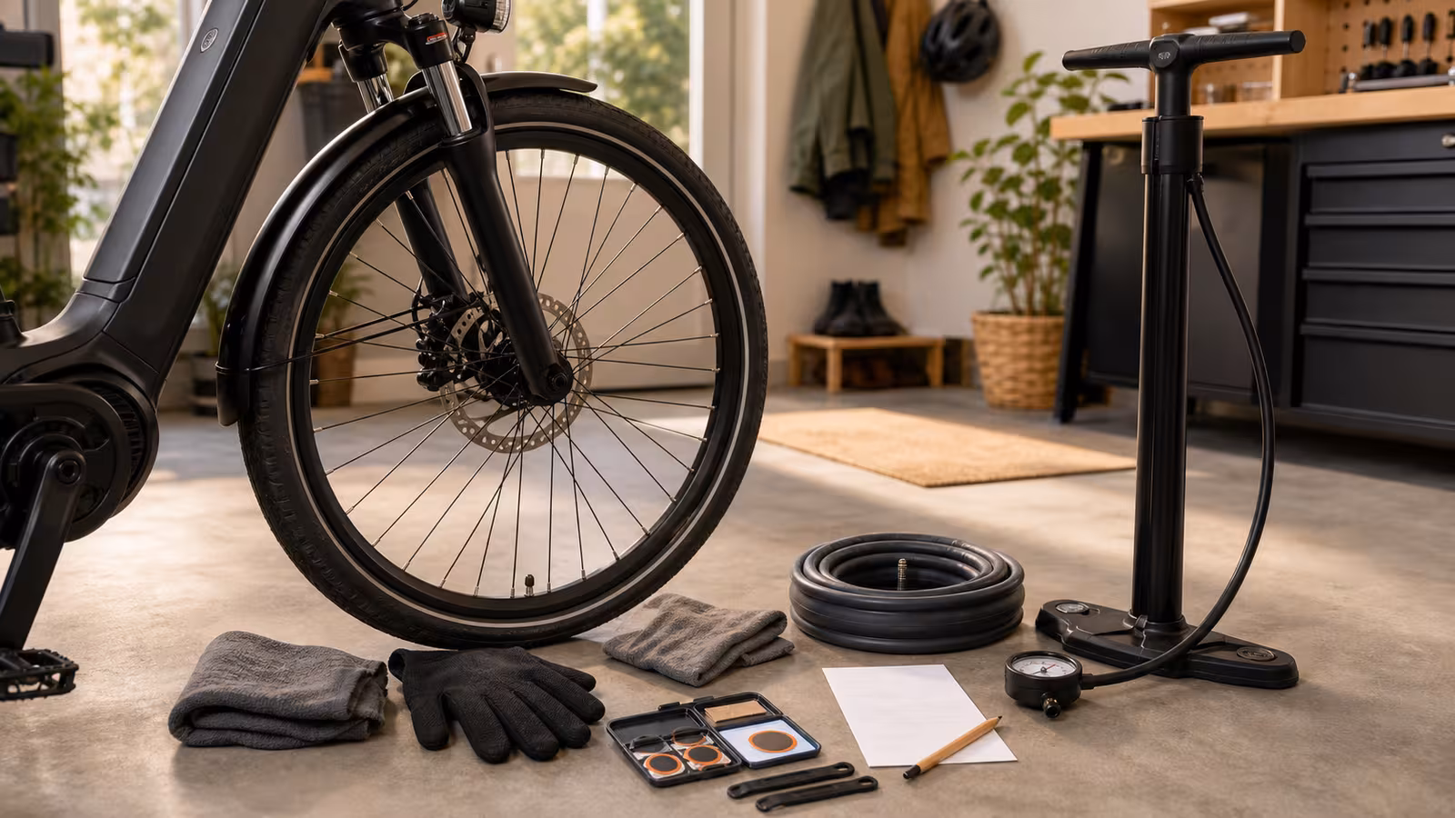 An electric bike wheel with floor pump, tire gauge, spare tube, patch kit, tire levers, gloves, rag, and a blank ride note on a clean workshop floor.