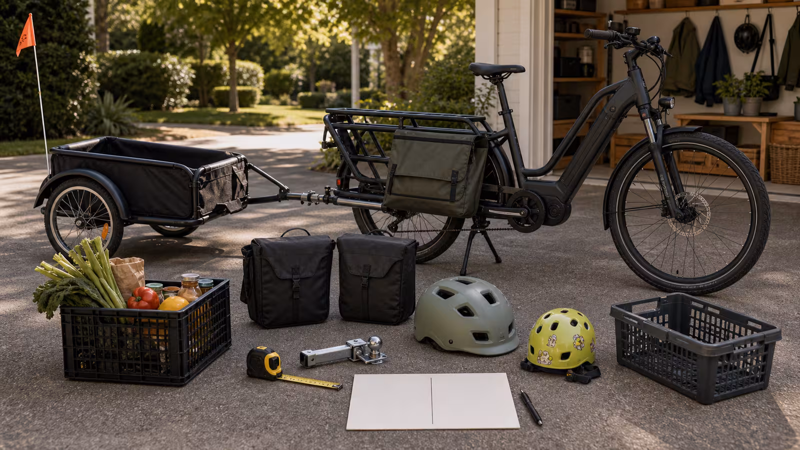 A longtail e-bike beside a small cargo trailer with panniers, child helmet, grocery crate, hitch part, tape measure, and a blank comparison card in a driveway.