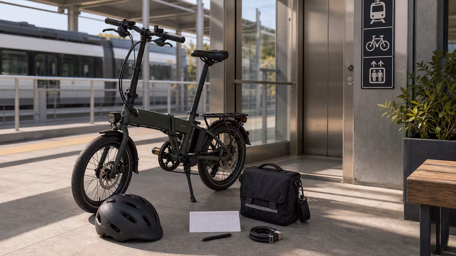 A folding electric bike near a calm transit platform area with helmet, small pannier, blank schedule card, compact lock, and generic elevator symbol shapes.