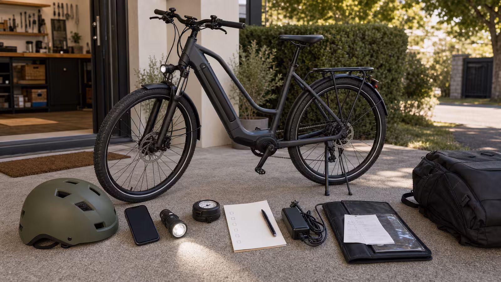 A clean secondhand electric bike in a driveway with flashlight, tire gauge, charger, blank checklist card, helmet, phone with blank screen, and receipt folder.