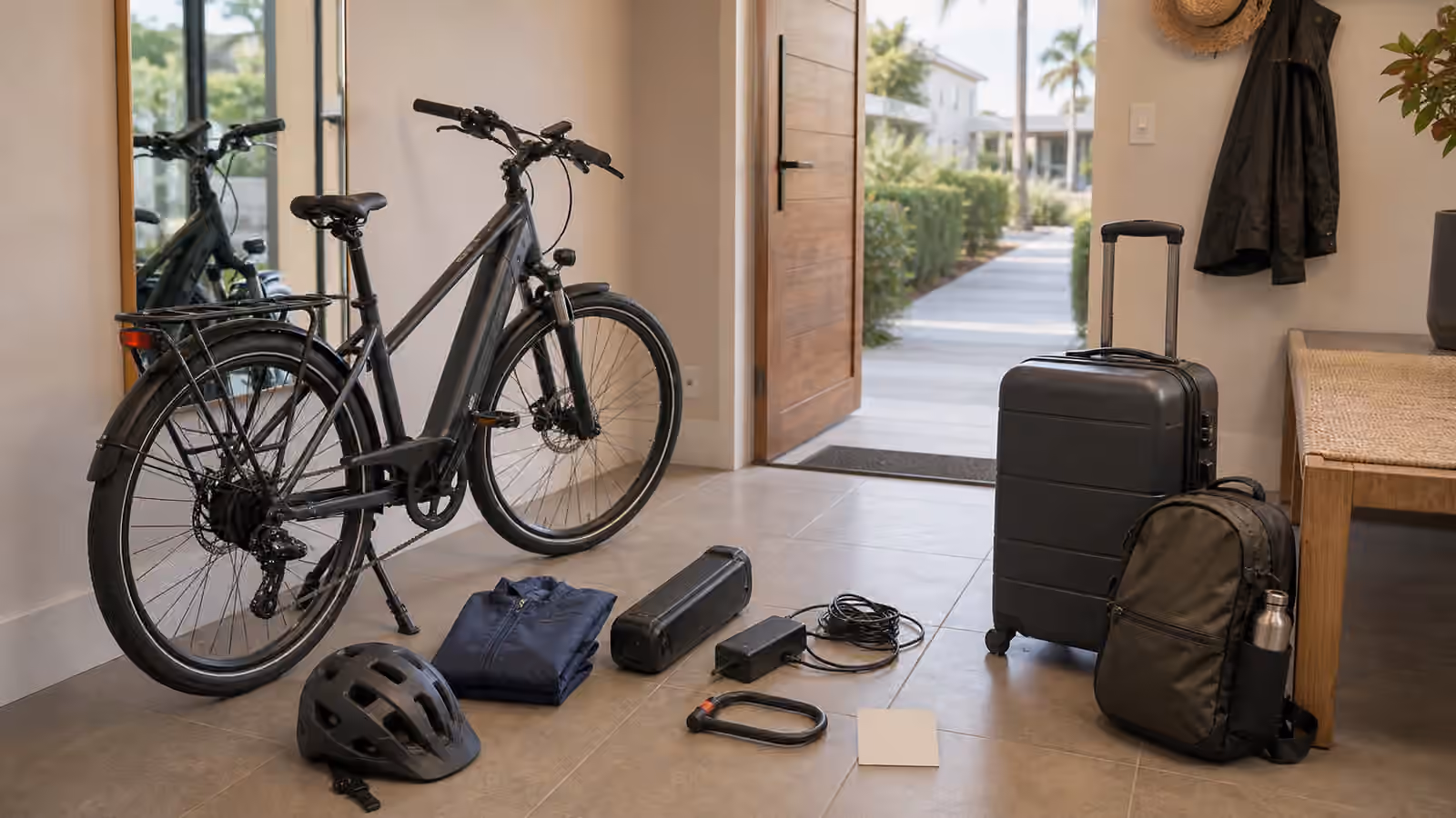 An electric bike in a clean lodging entry with luggage, removable battery, charger, helmet, lock, rain jacket, and blank house-rules card.
