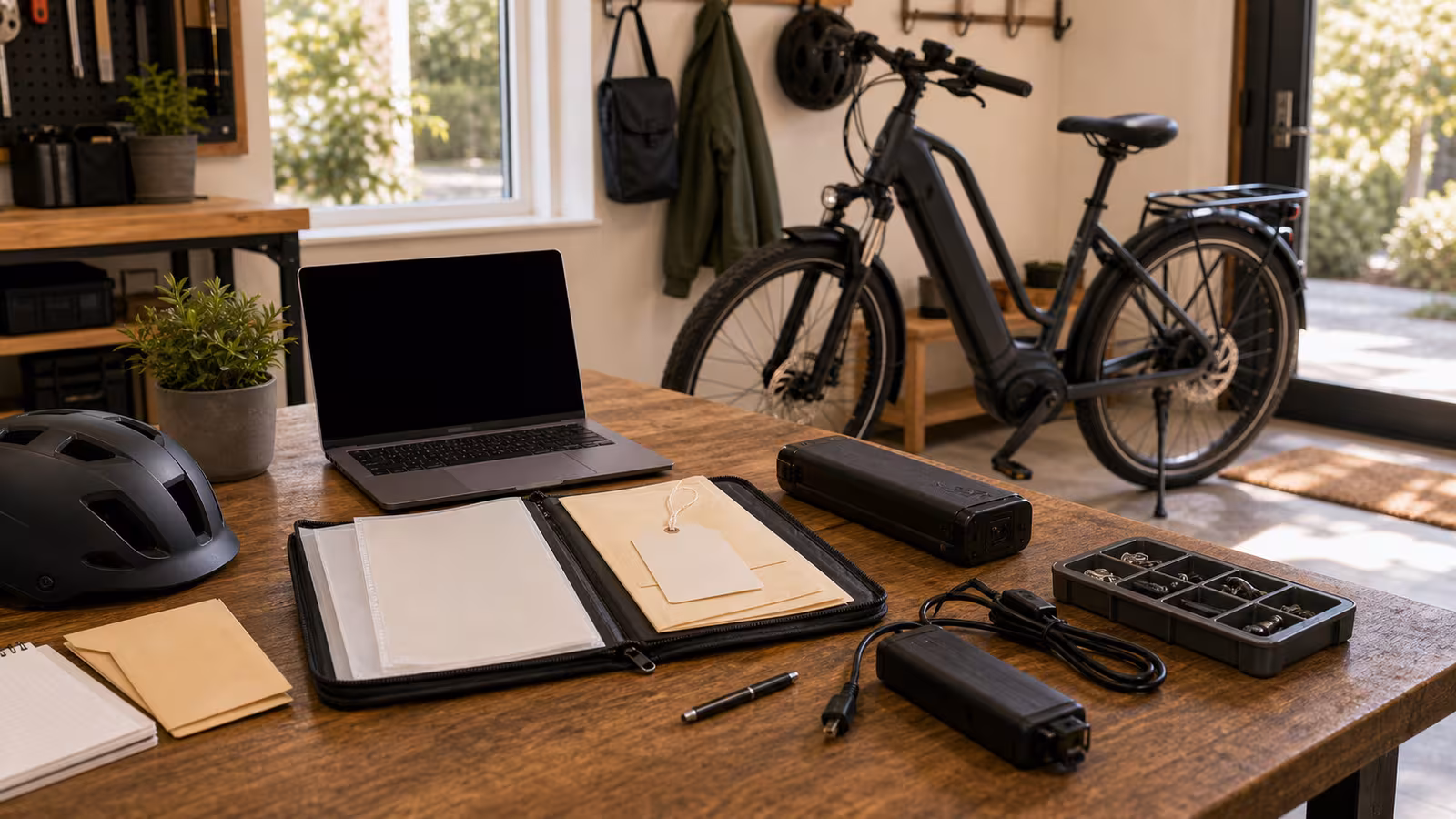 An electric bike in a home workshop with blank manual folder, receipt envelope, laptop with blank screen, service tag, charger, battery, and small parts tray.