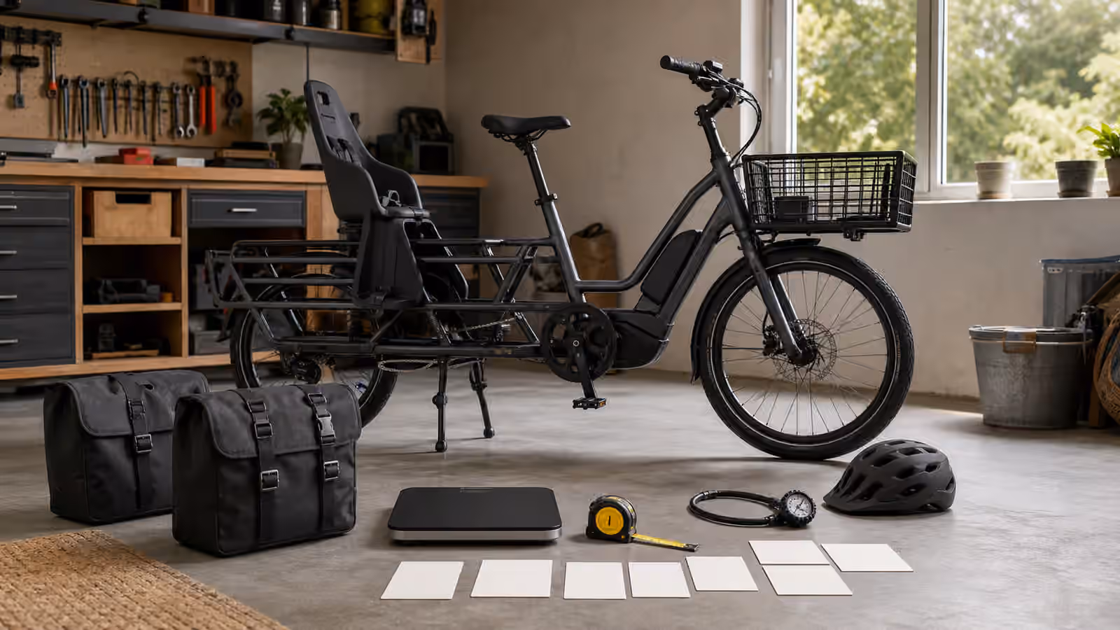 A longtail electric cargo bike in a tidy workshop with panniers, child seat, floor scale, tape measure, tire gauge, helmet, and blank rating cards.
