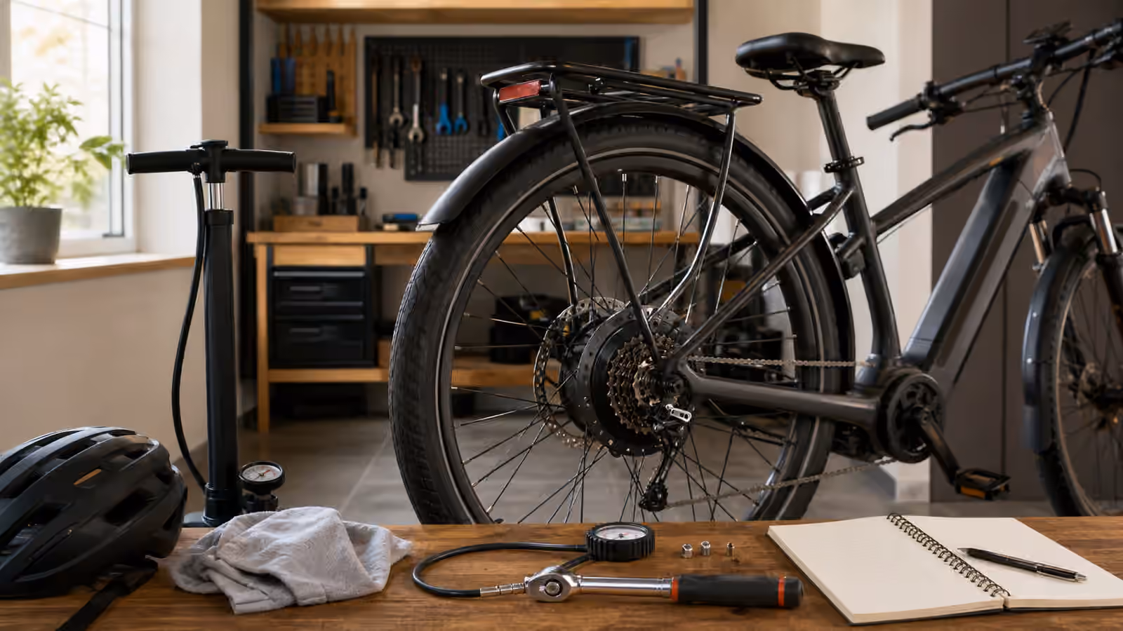 An electric bike wheel in a tidy workshop with spokes, axle hardware, tire gauge, torque wrench, rag, pump, helmet, and blank maintenance notebook.